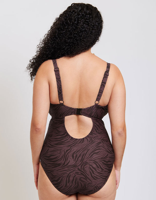 Adella Calypso Plunge Control Swimsuit Mulberry Purple Zebra Print
