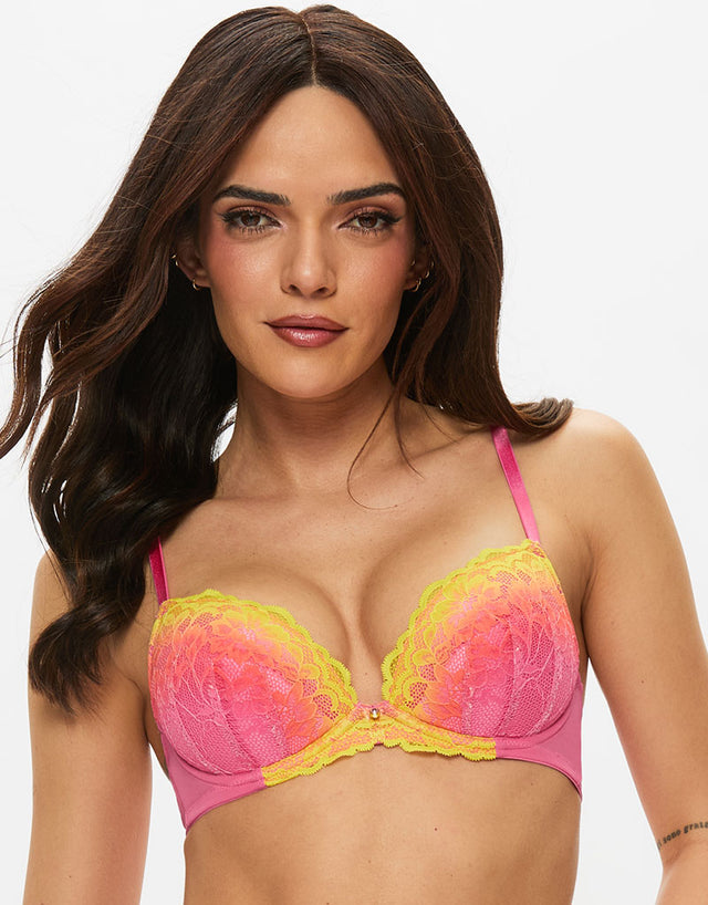 Ann Summers Sexy Lace Padded Plunge Bra Pink Yellow Ombre