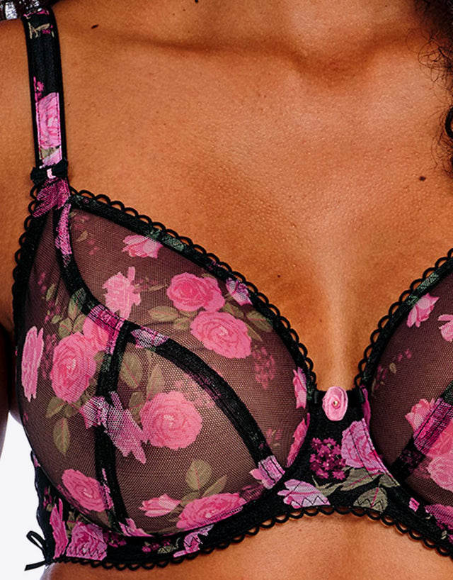 Freya Rose Blossom Plunge Bra Black Rose Print