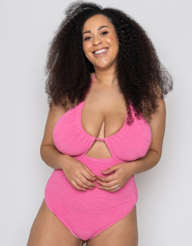 Ivory Rose Scrunch Halter Swimsuit Bright Pink