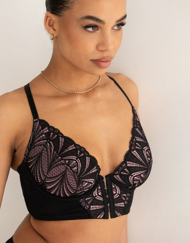 Pour Moi New Romance Front Fastening Longline Plunge Bra Black/Rose Pink
