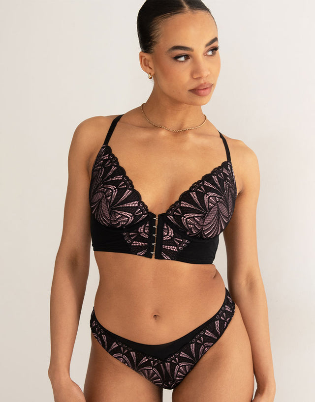 Pour Moi New Romance Front Fastening Longline Plunge Bra Black/Rose Pink