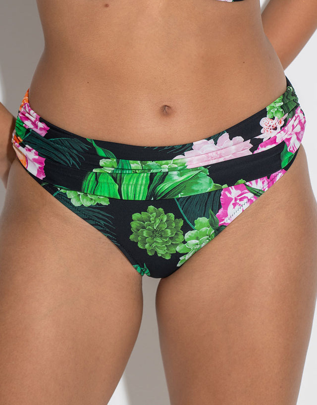 Pour Moi Palermo Fold Over Bikini Brief Black/Green/Pink Print