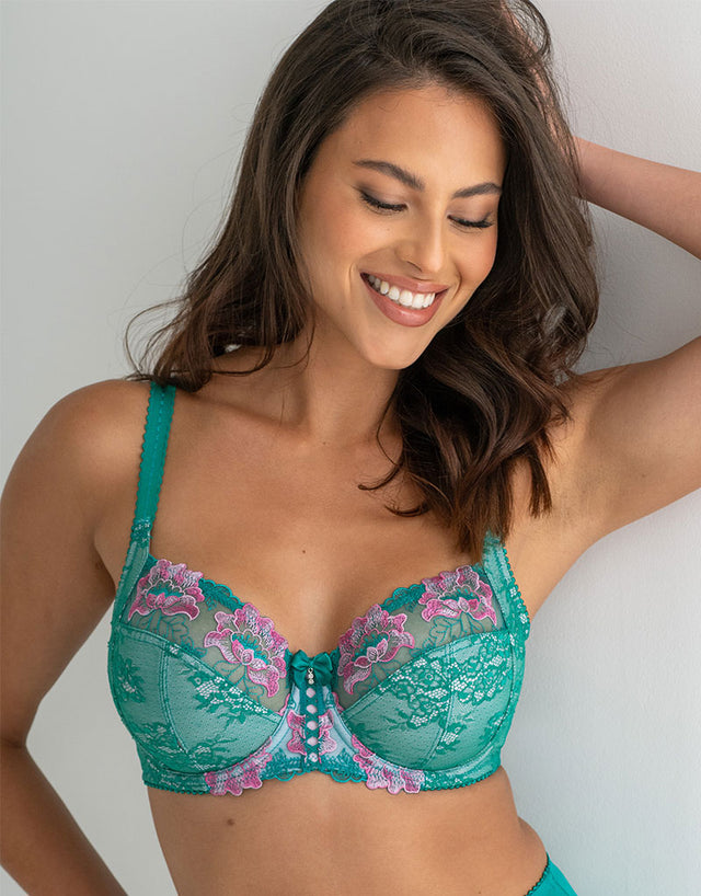 Pour Moi Sofia Lace Embroidered Side Support Bra Green/Pink