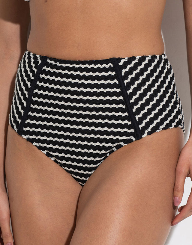 Pour Moi Sun City Crochet High Waist Bikini Brief Black/White Stripe