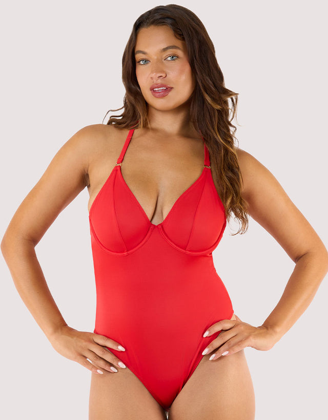 Wolf & Whistle Paloma Plunge Halter Swimsuit Red