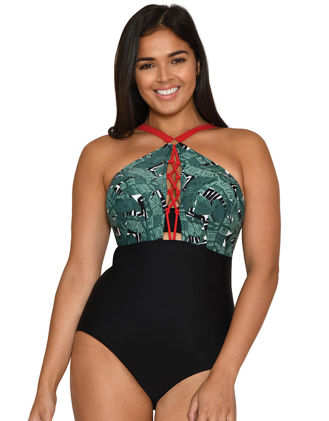 Curvy Kate Paradise Palm Padded Plunge Swimsuit Palm Print